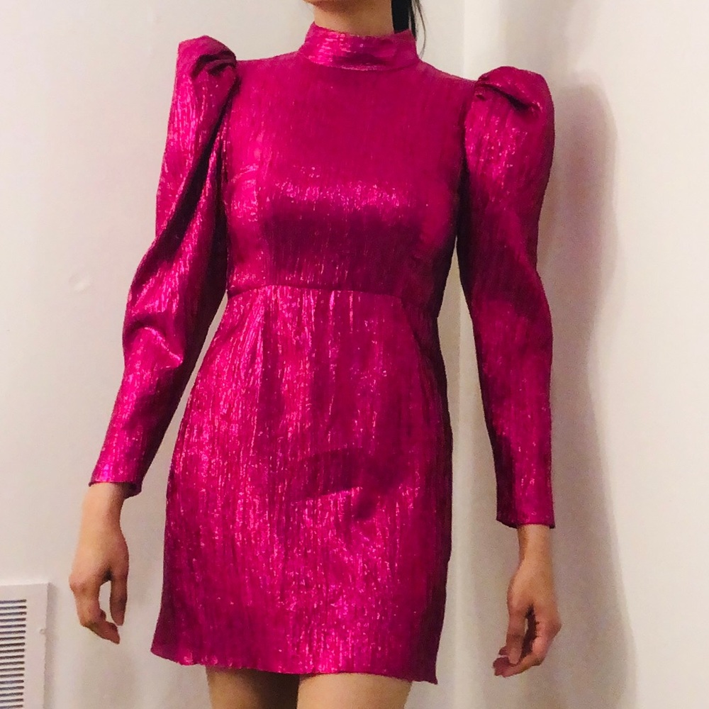 Ronny Kobo Shiny Ultra Puff Sleeve Mini Dress